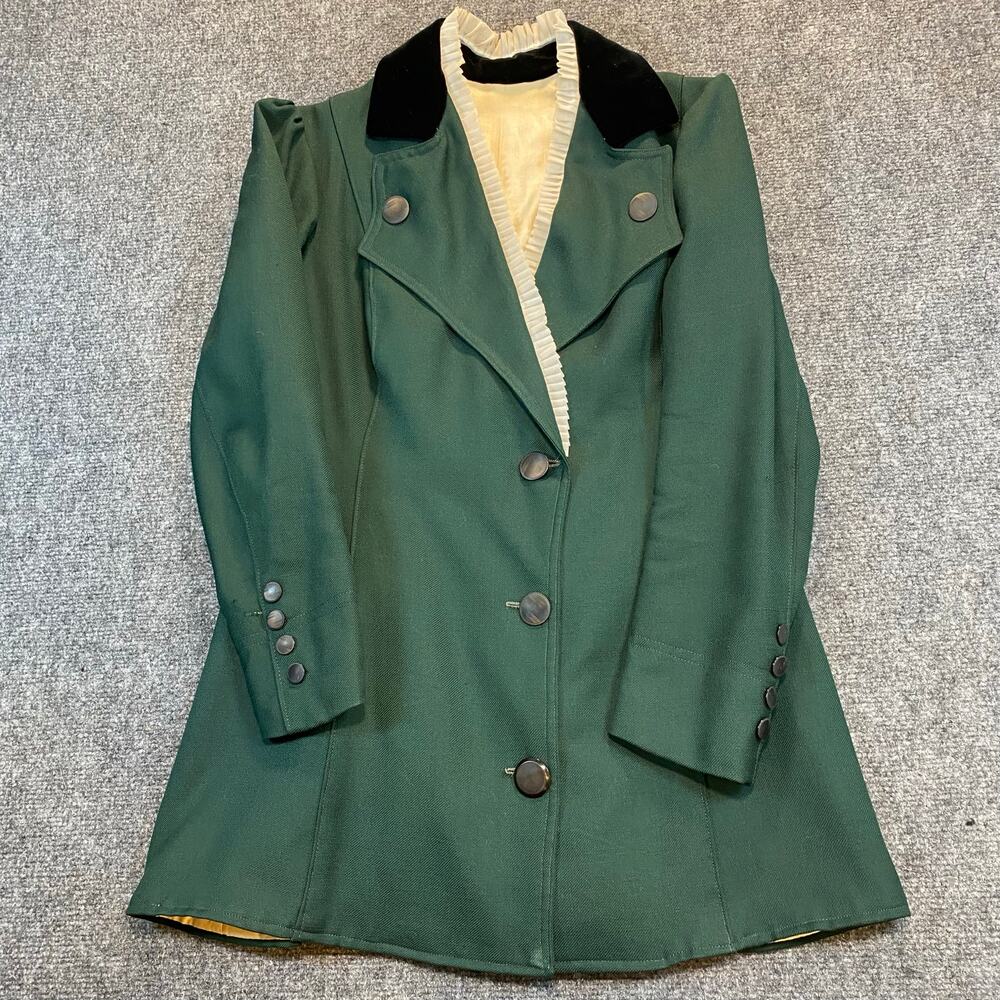 Vintage 1960s 70s French Green Wool Frock Riding Coat Opera Theatre Womens Small